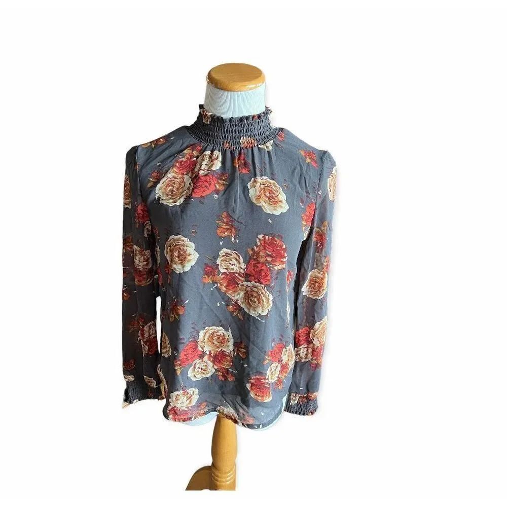 Womens Midnight Sky High Neck Floral Print Long Sleeve  Blouse Flowy Top - Sz S